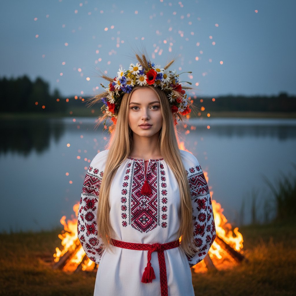 Девушка у костра с венком
