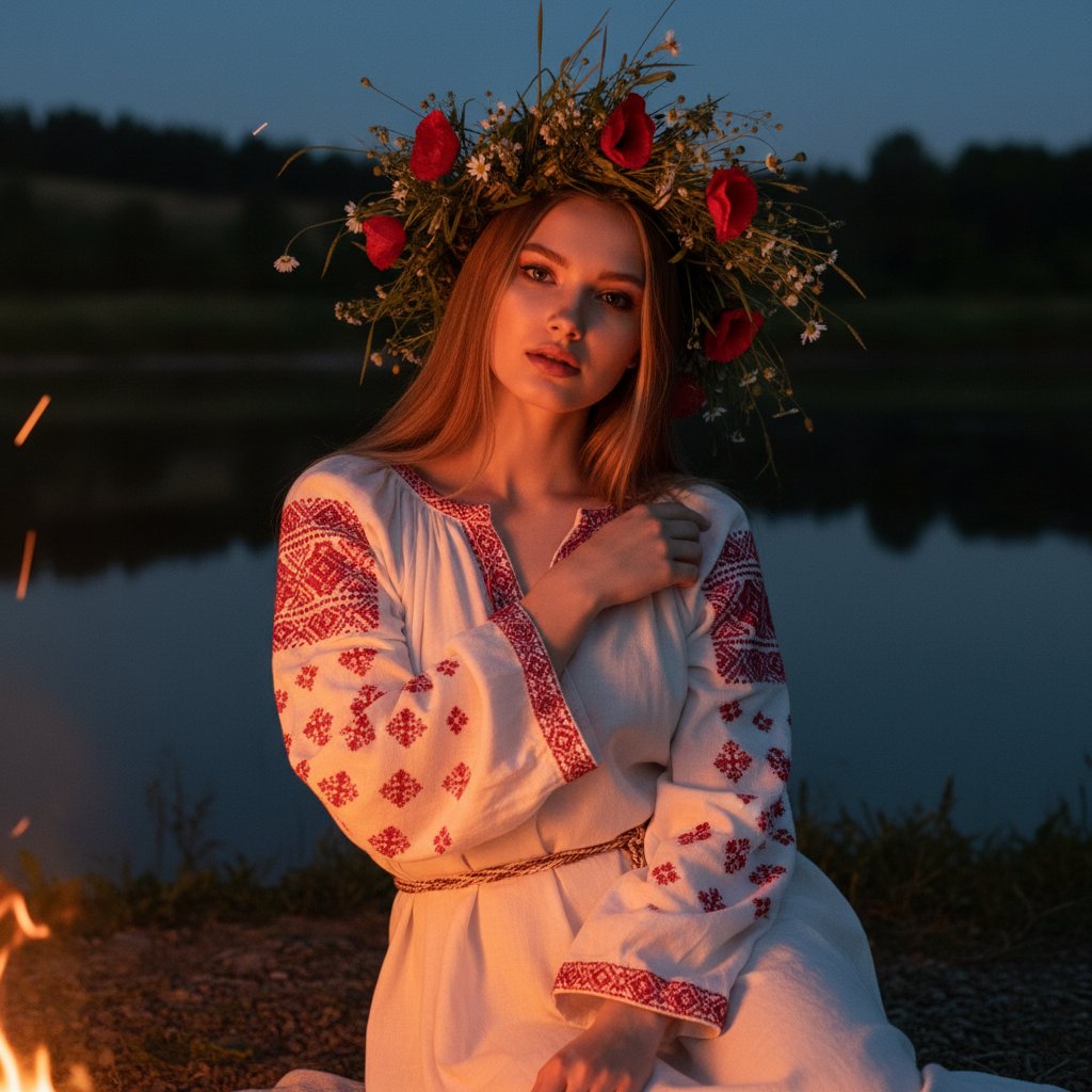 Девушка у костра в венке