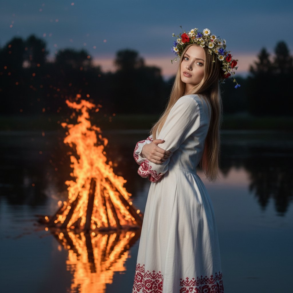 Девушка в белом платье у костра
