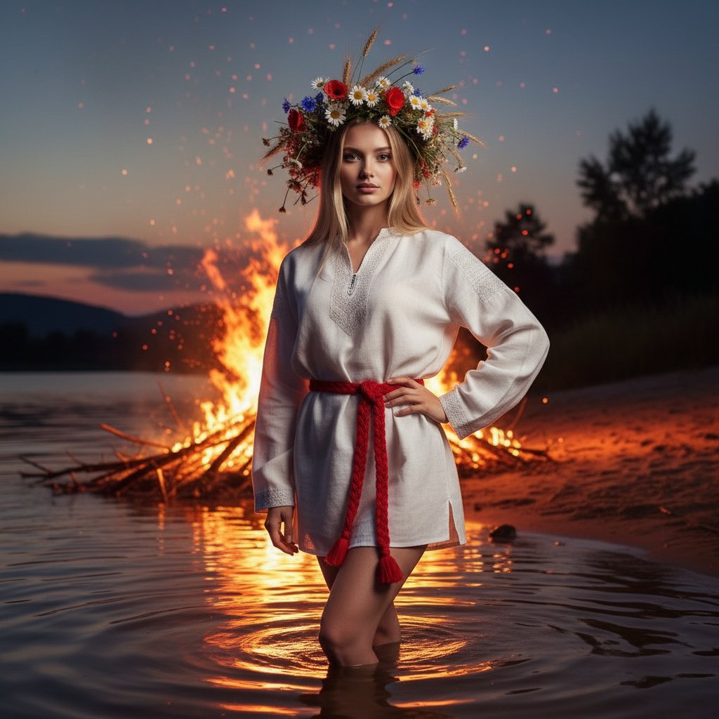 Девушка у воды с венком и костром