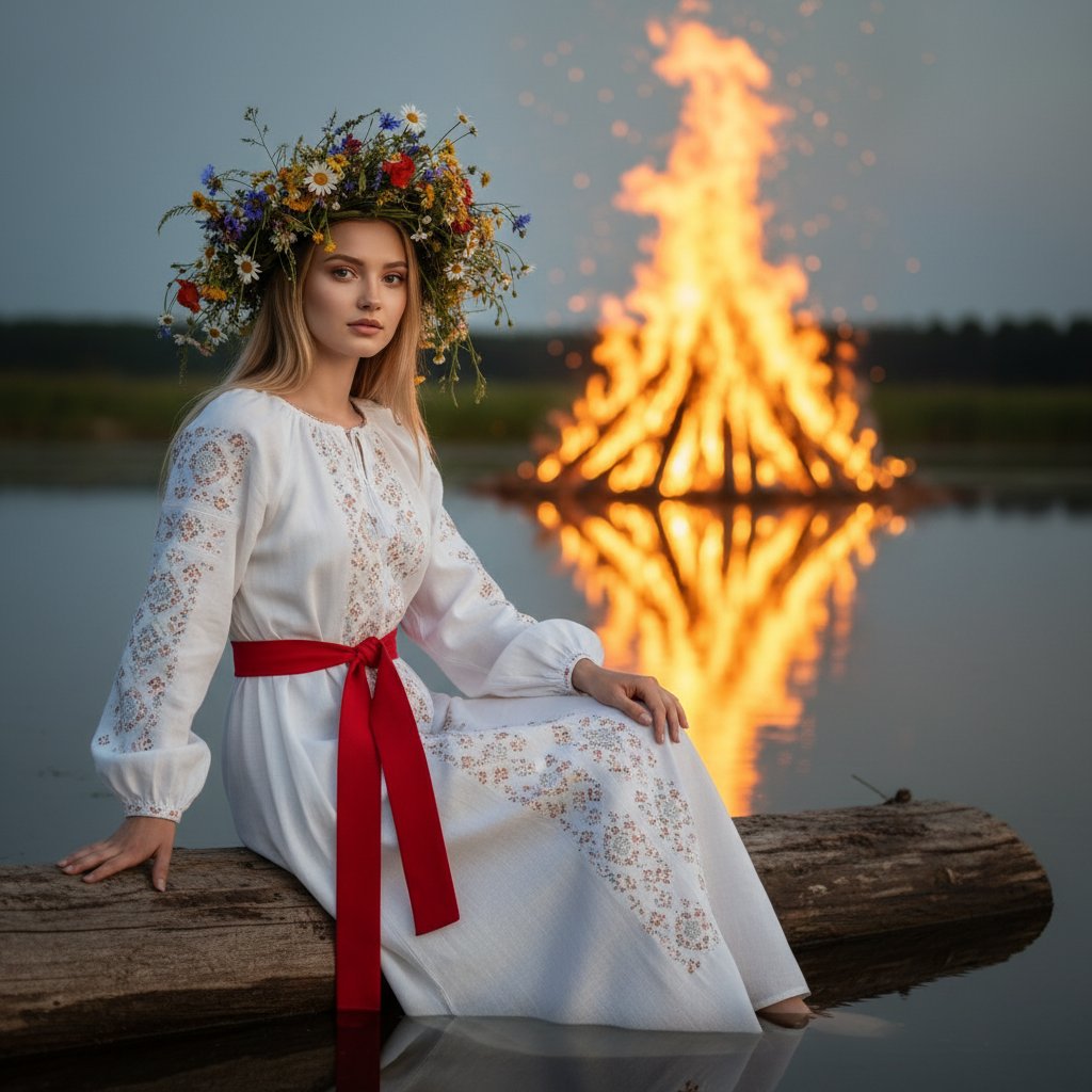 Девушка у костра в белом платье