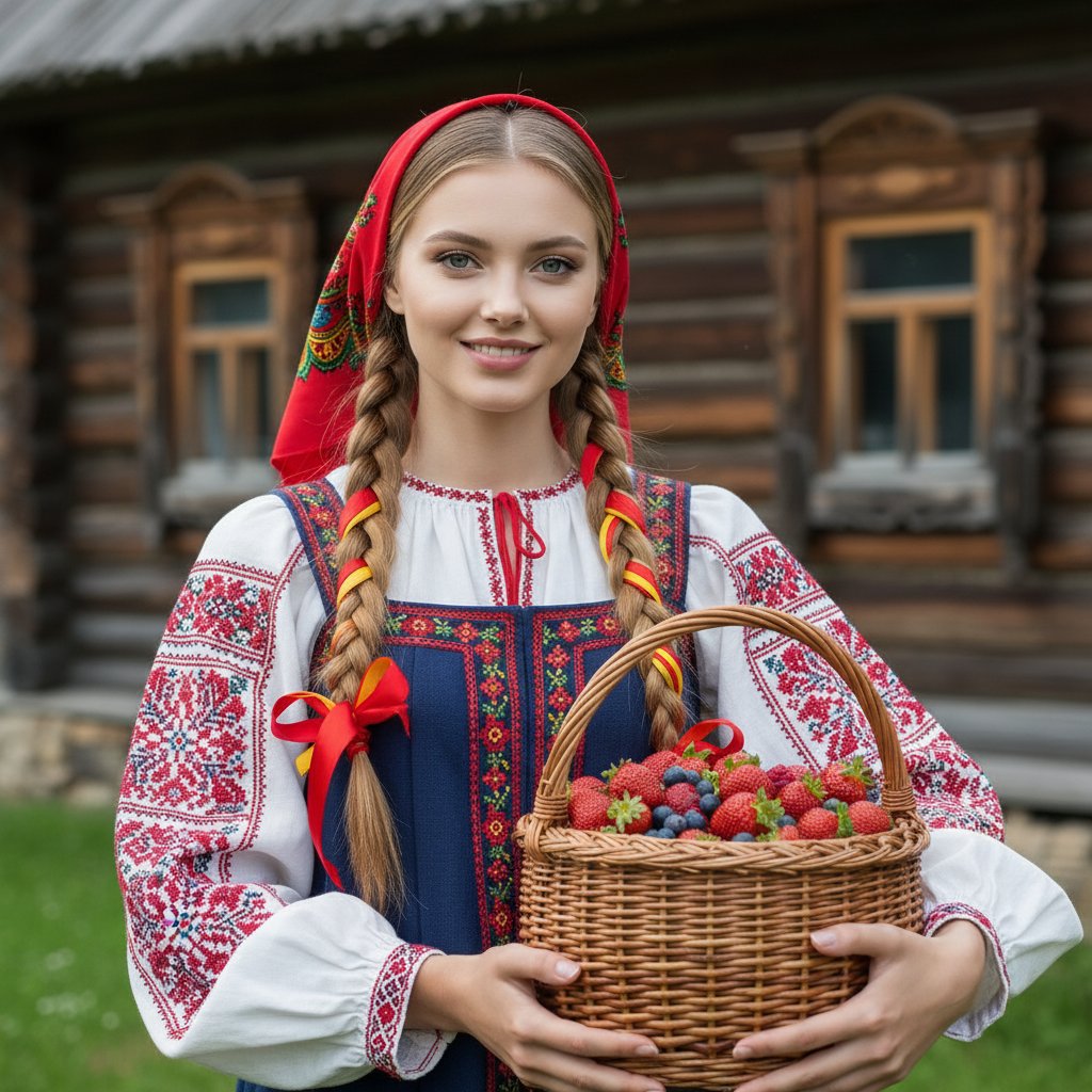 Девушка в русском наряде с ягодами