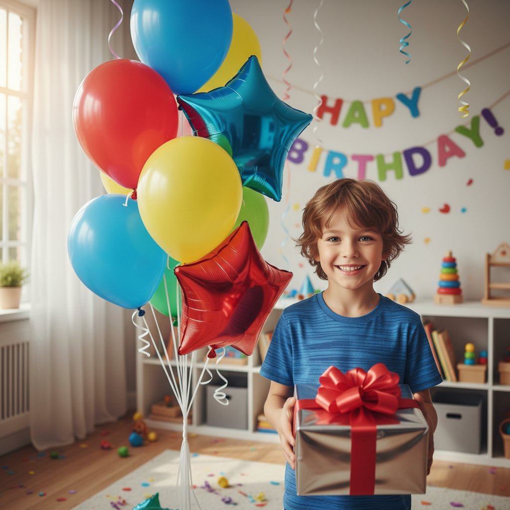 Мальчик с подарком и шарами