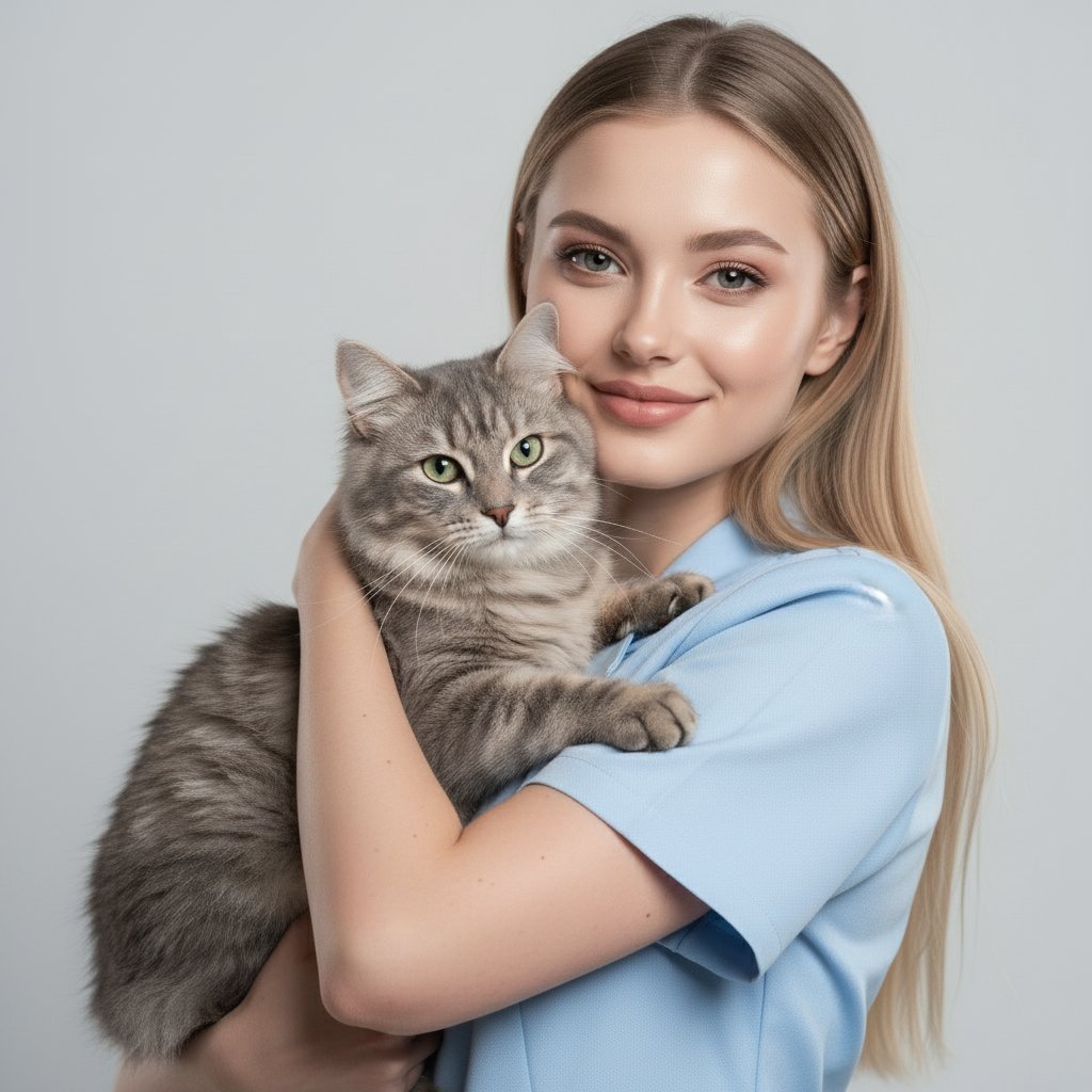 Ветеринар с серым котом