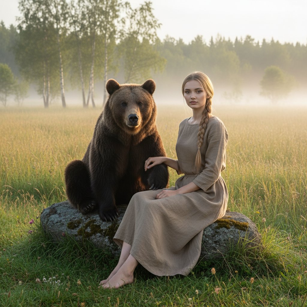 Женщина и медведь в русском поле