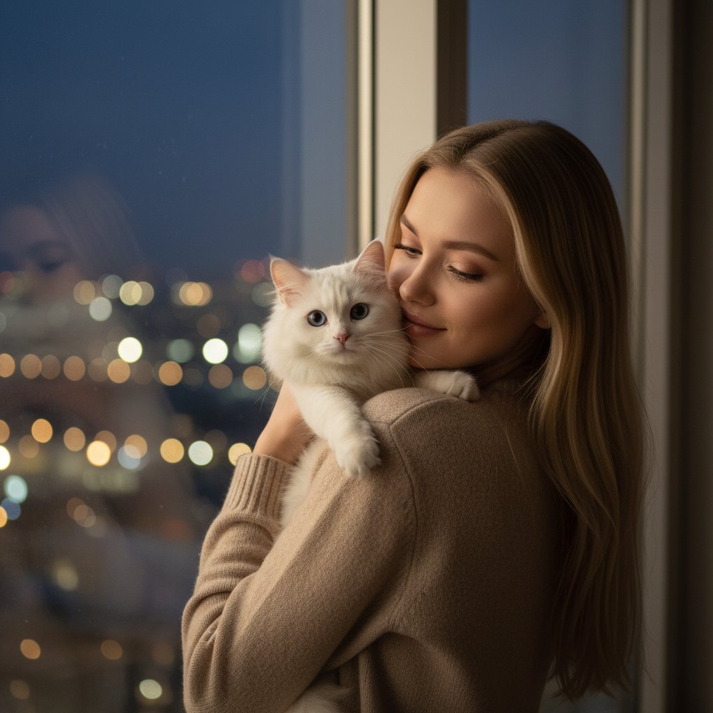 Девушка с котом у окна