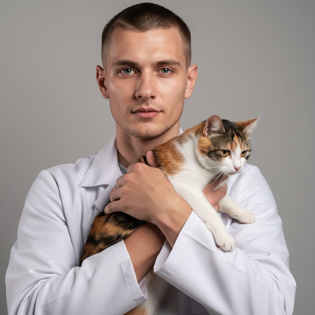 Ветеринар с трёхцветной кошкой