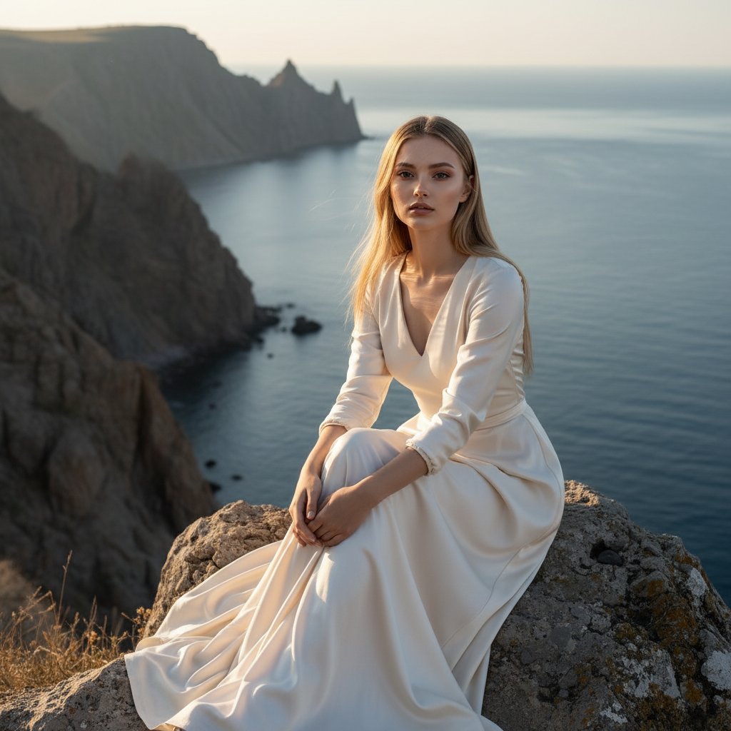 Женщина на скале у моря
