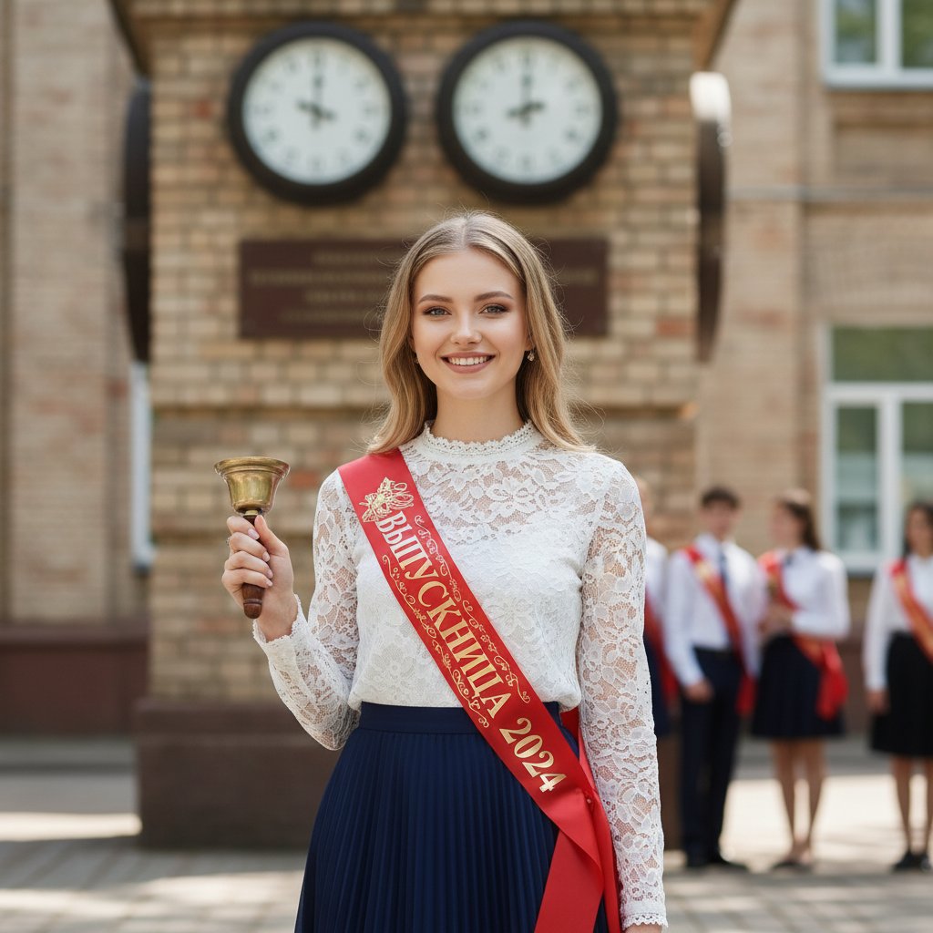 Выпускница с колокольчиком у часов
