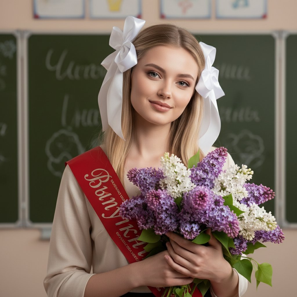 Выпускница с сиренью у доски