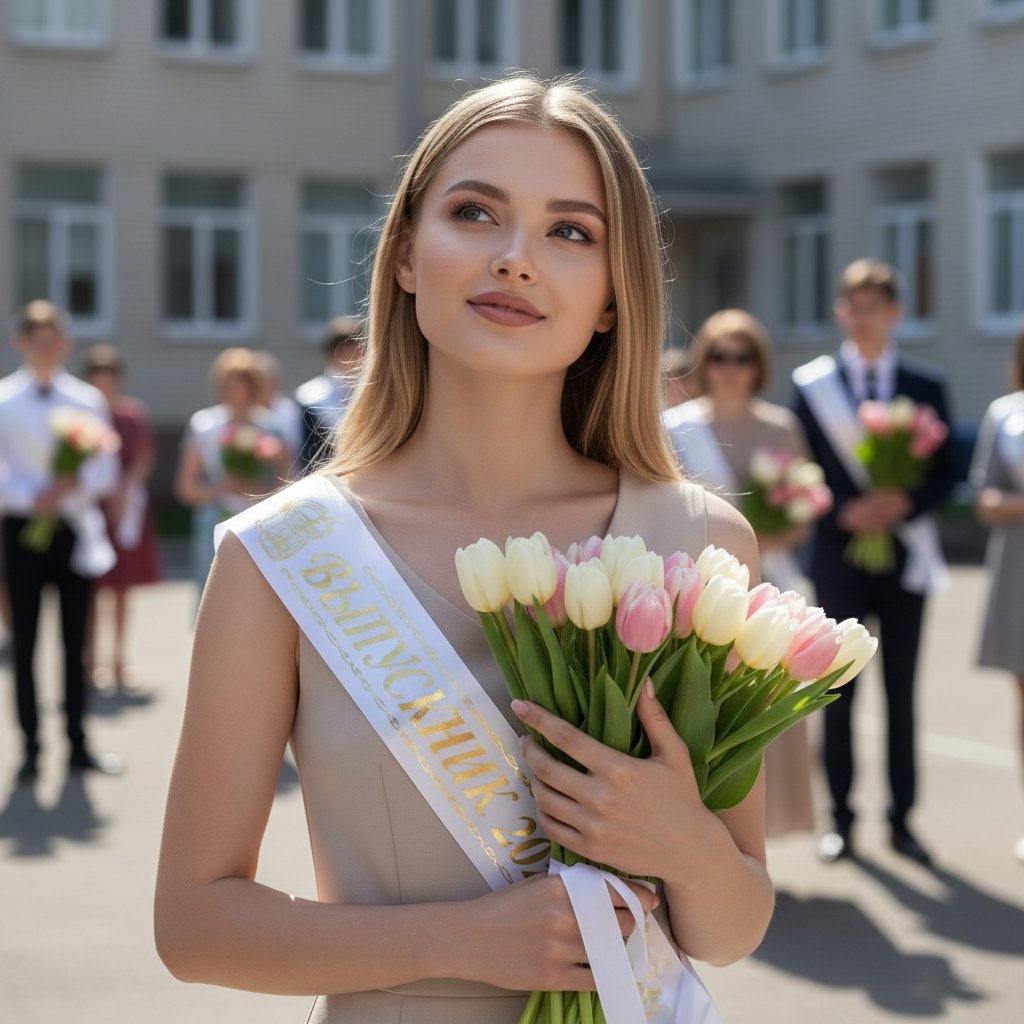 Выпускница с тюльпанами и лентой