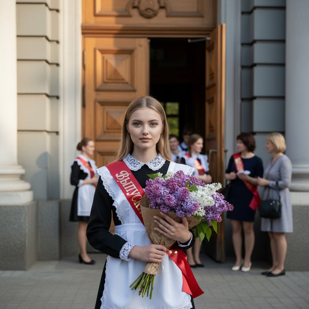 Выпускница у школы с букетом