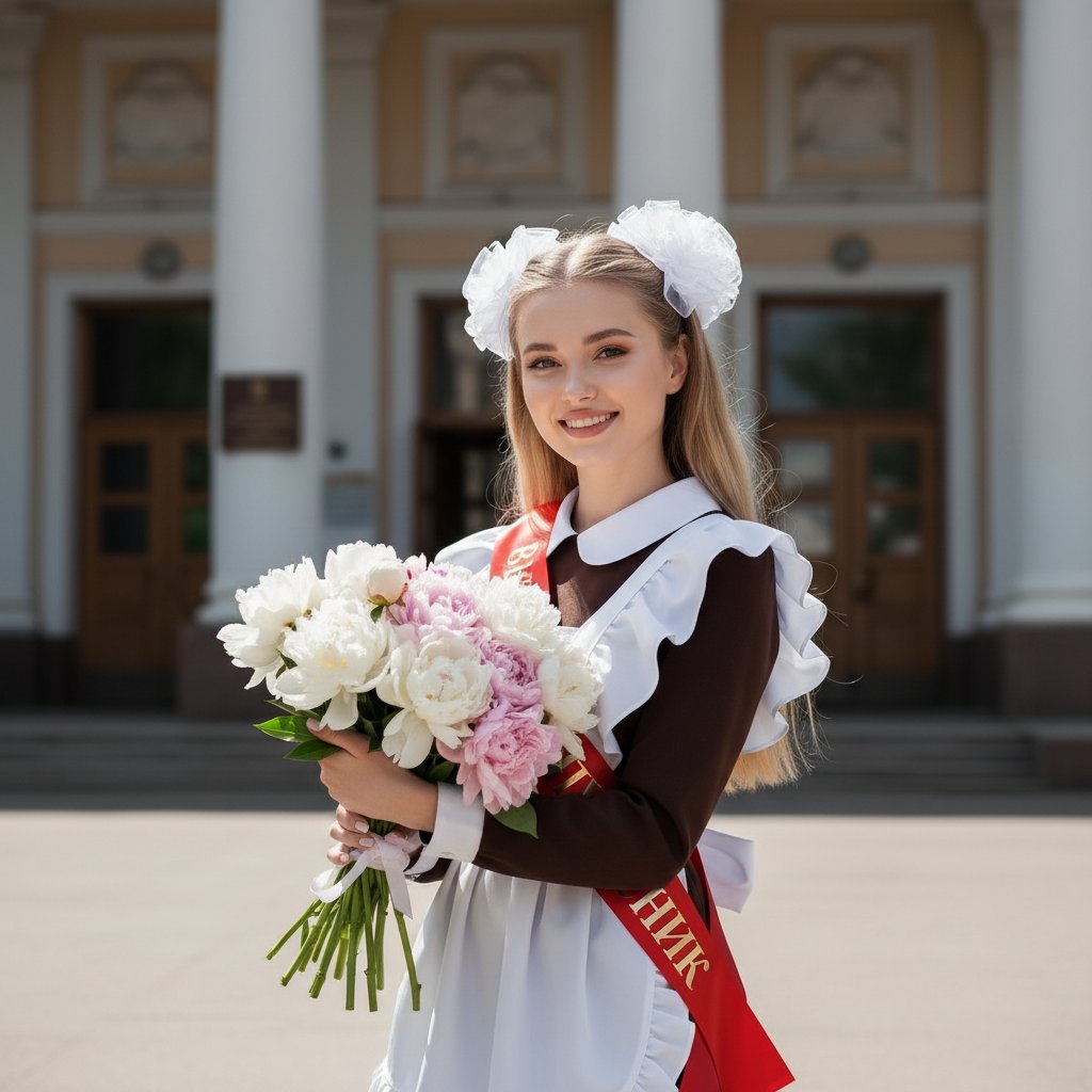 Выпускница с пионами у школы