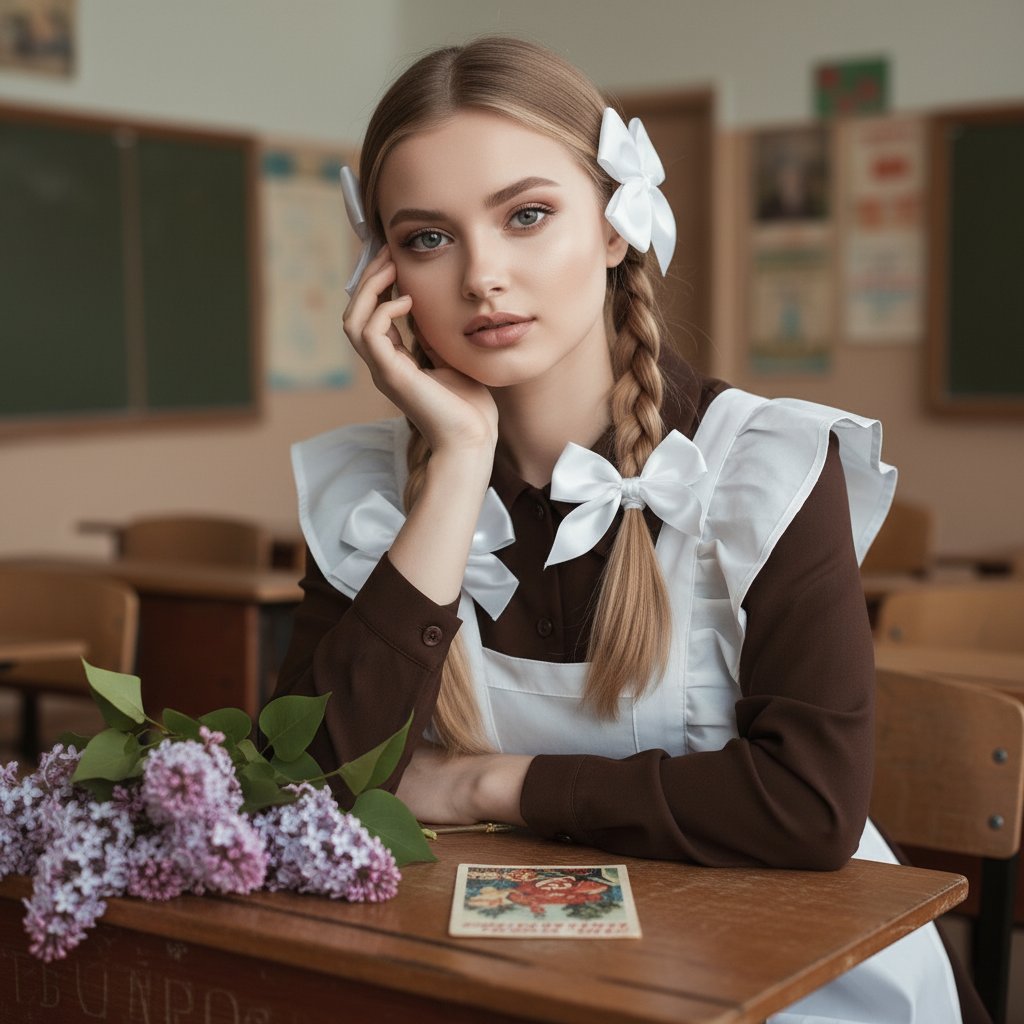 Школьница с сиренью у парты