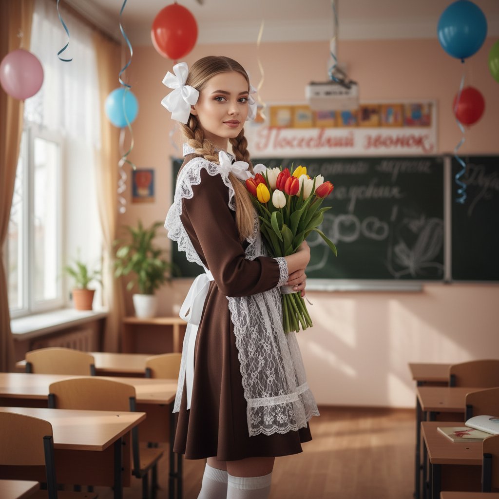 Школьница с тюльпанами у окна