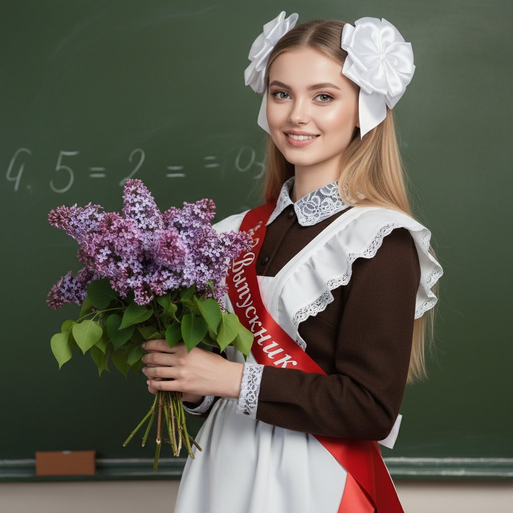 Выпускница с букетом у доски