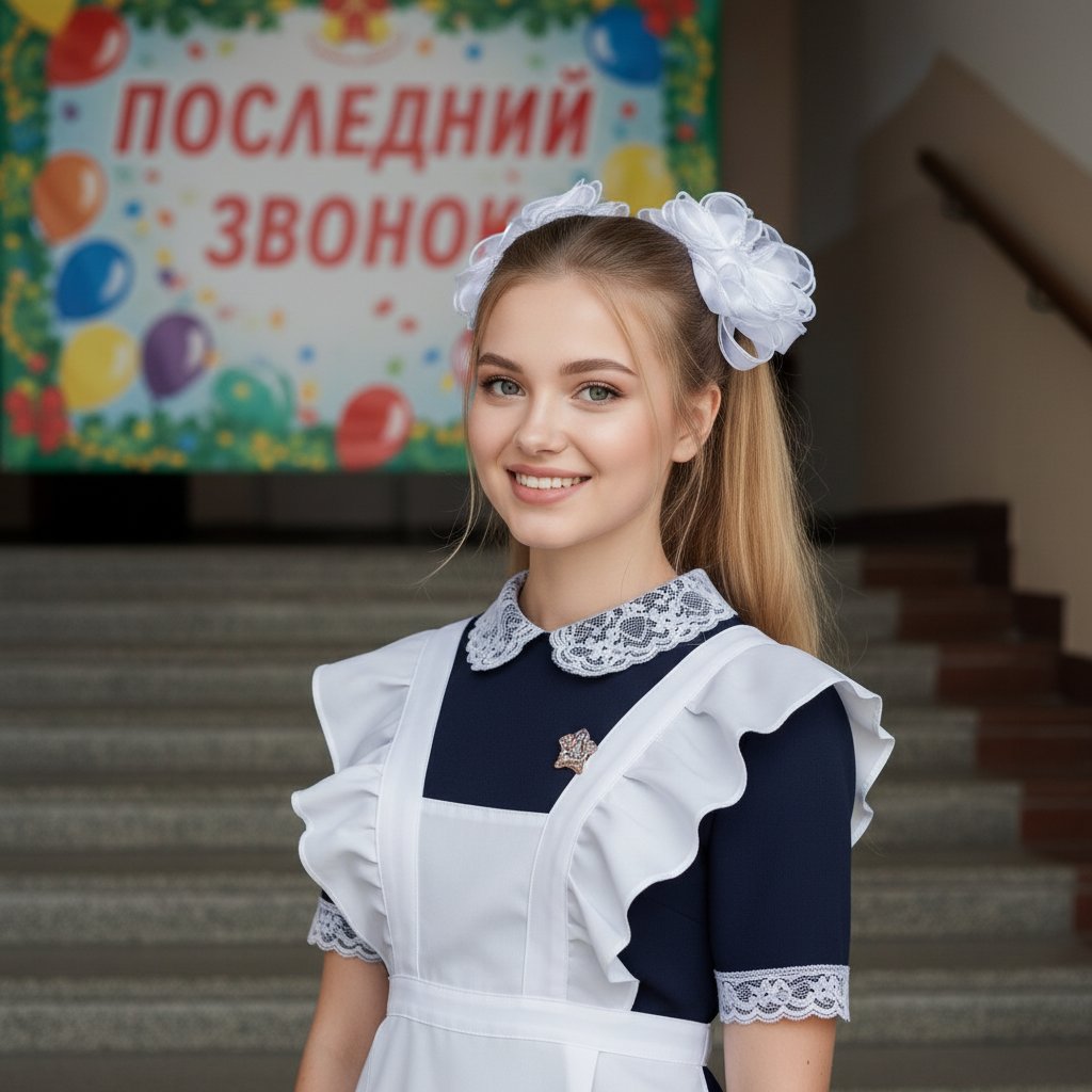 Выпускница с бантом у плаката