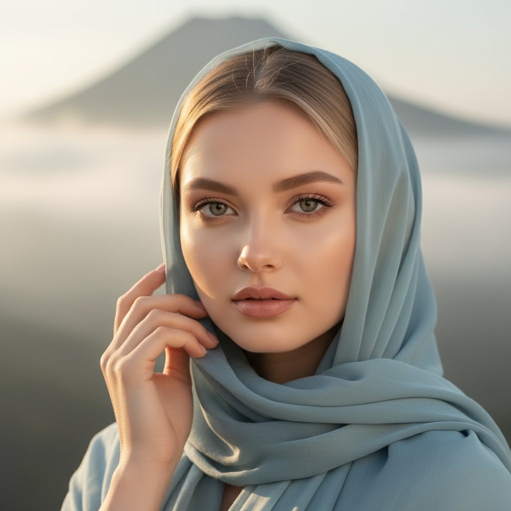 Женщина в голубом платке у горы