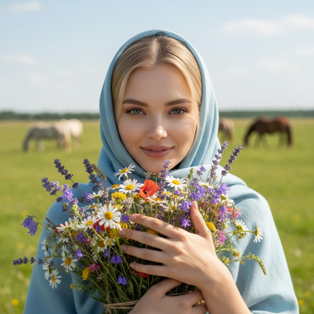 Девушка с цветами и лошадьми