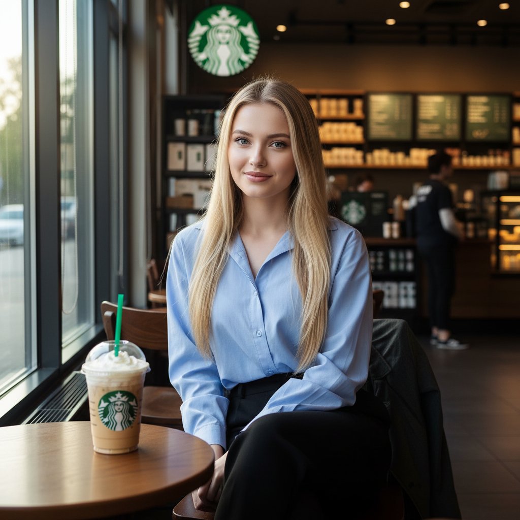 Девушка в Starbucks с кофе