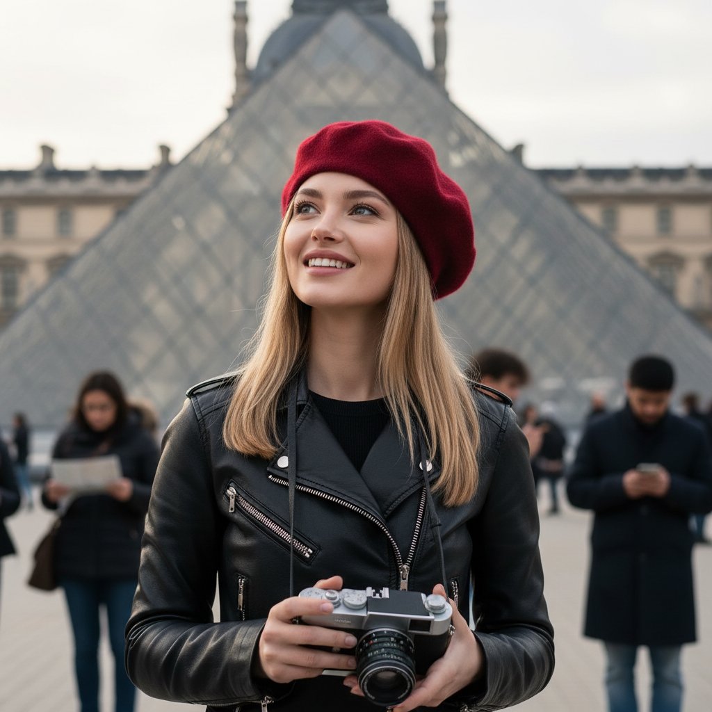 Туристка у Лувра с фотоаппаратом