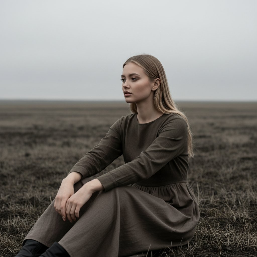 Женщина в поле в глиняном платье