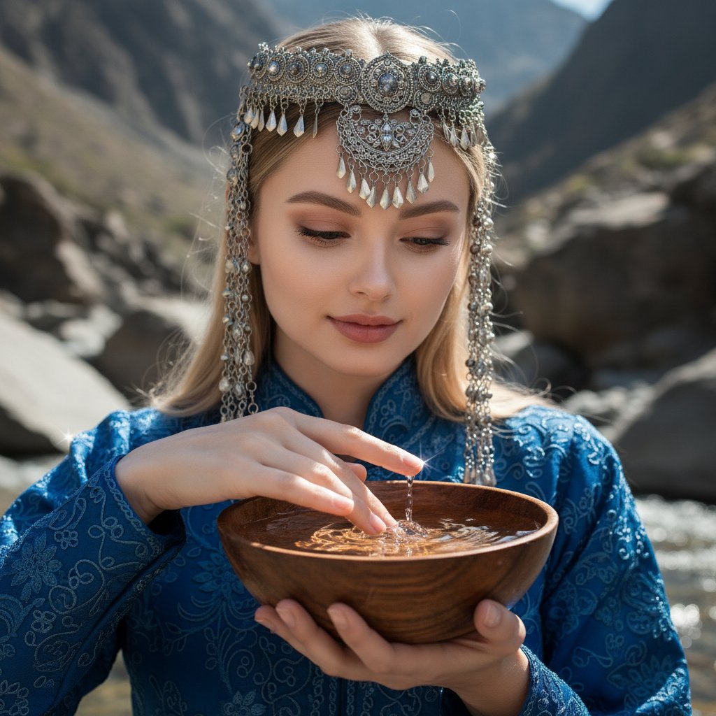 Дама в синем у водопада