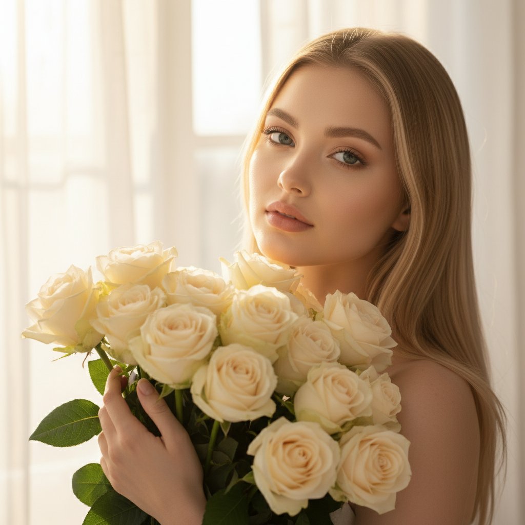 Женщина с розами в солнечном свете