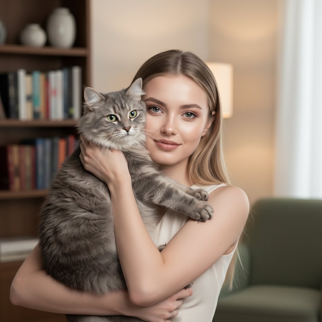 Женщина и серый кот дома