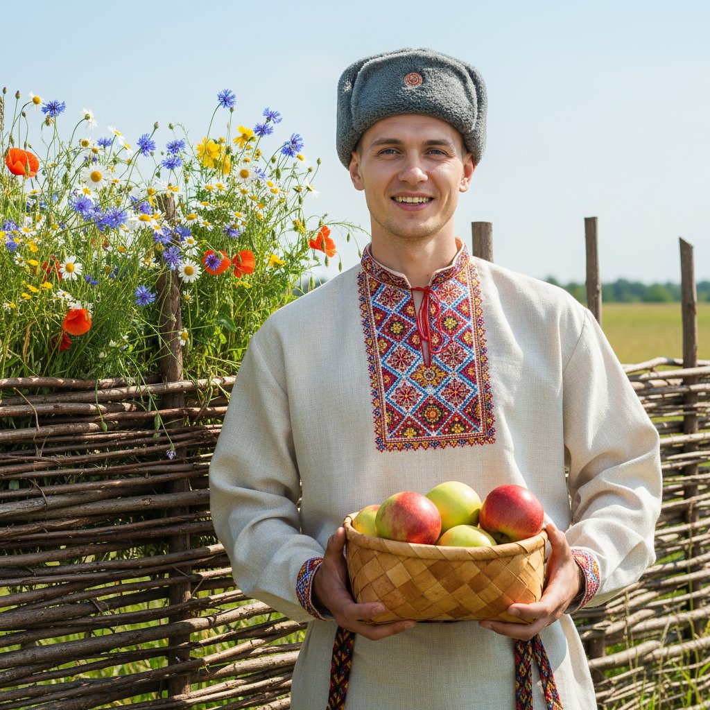 Русский парень с яблоками