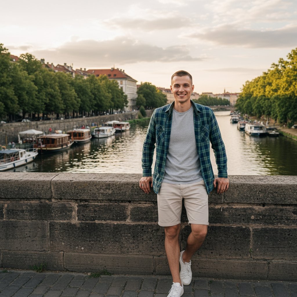 Парень на мосту в летний вечер
