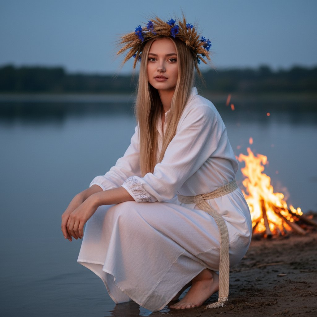 Девушка у воды с венком и костром