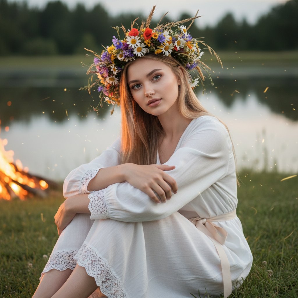 Невеста у костра на берегу