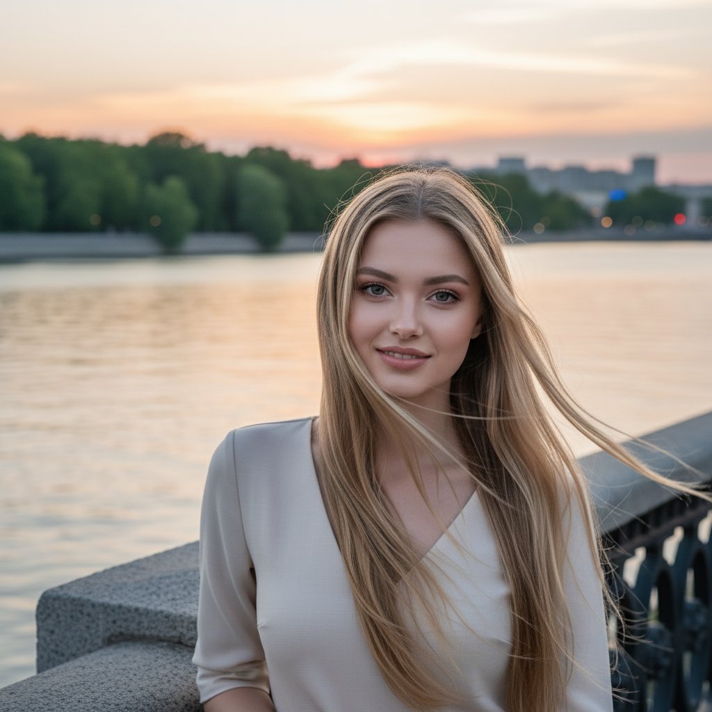 Женщина на закате у реки