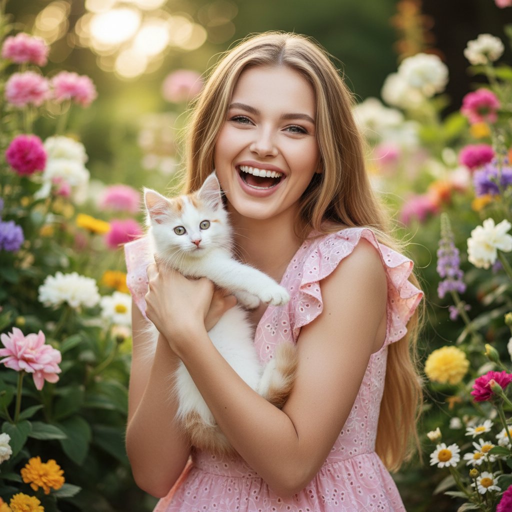 Девочка и котенок в саду