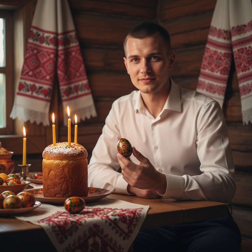 Мужчина с пасхальной выпечкой