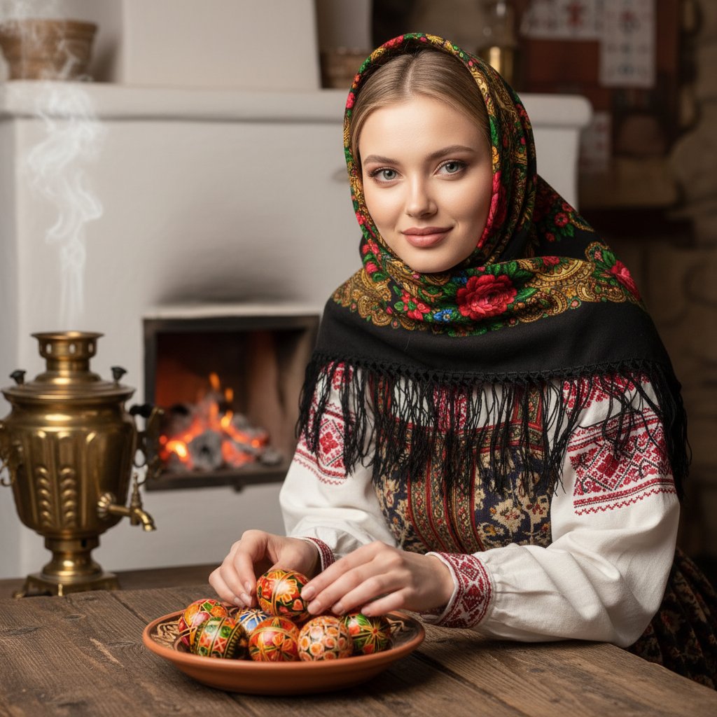 Женщина с пасхальными яйцами у печи