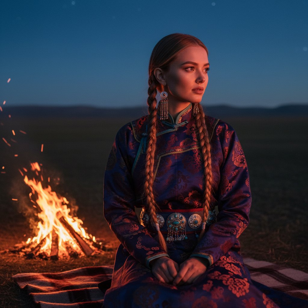 Женщина у костра в степи