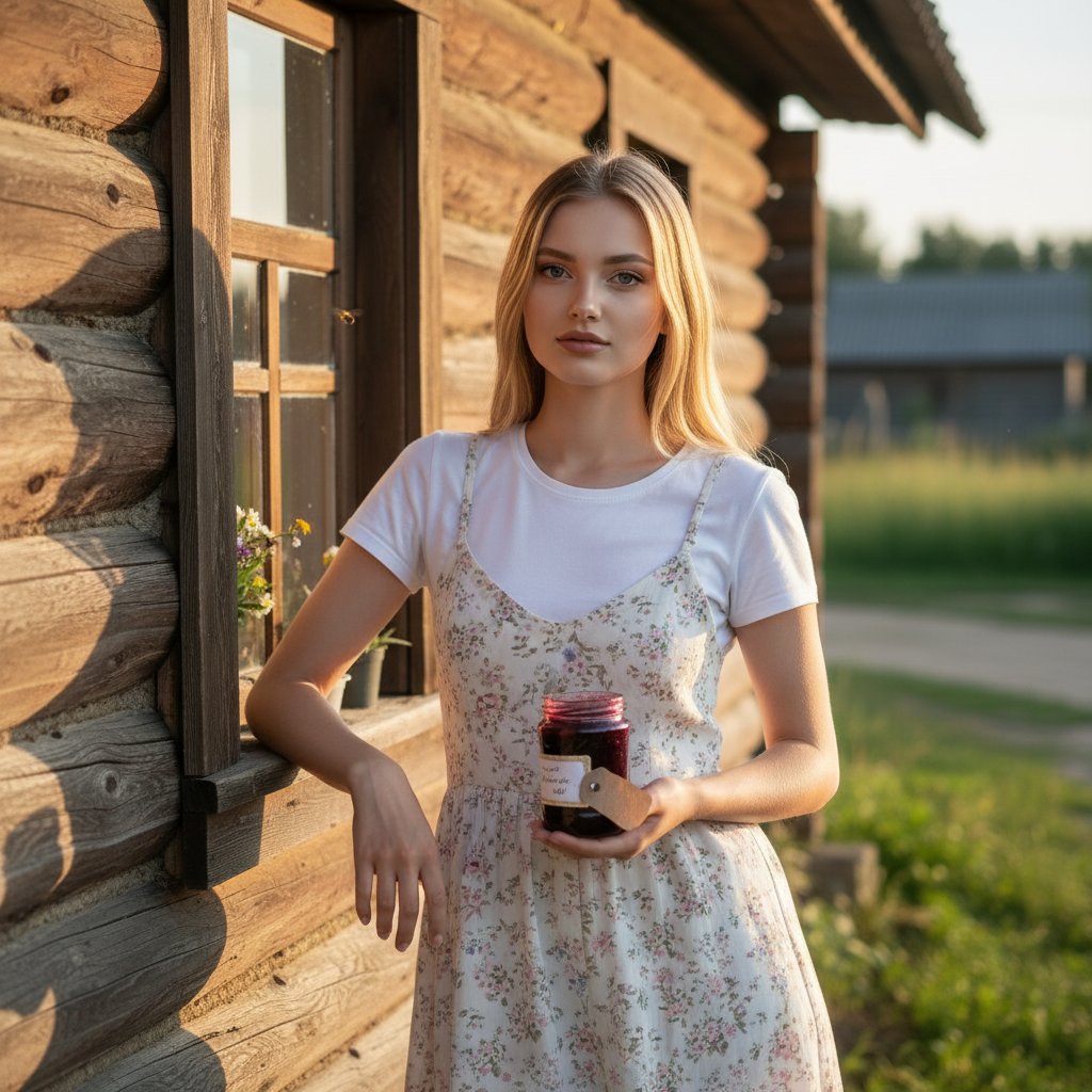 Женщина с вареньем у дома