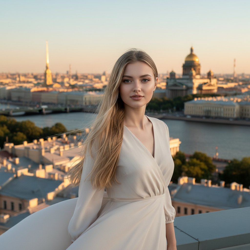 Девушка в летящем платье на крыше