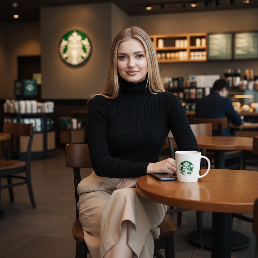 Девушка в Starbucks с чашкой