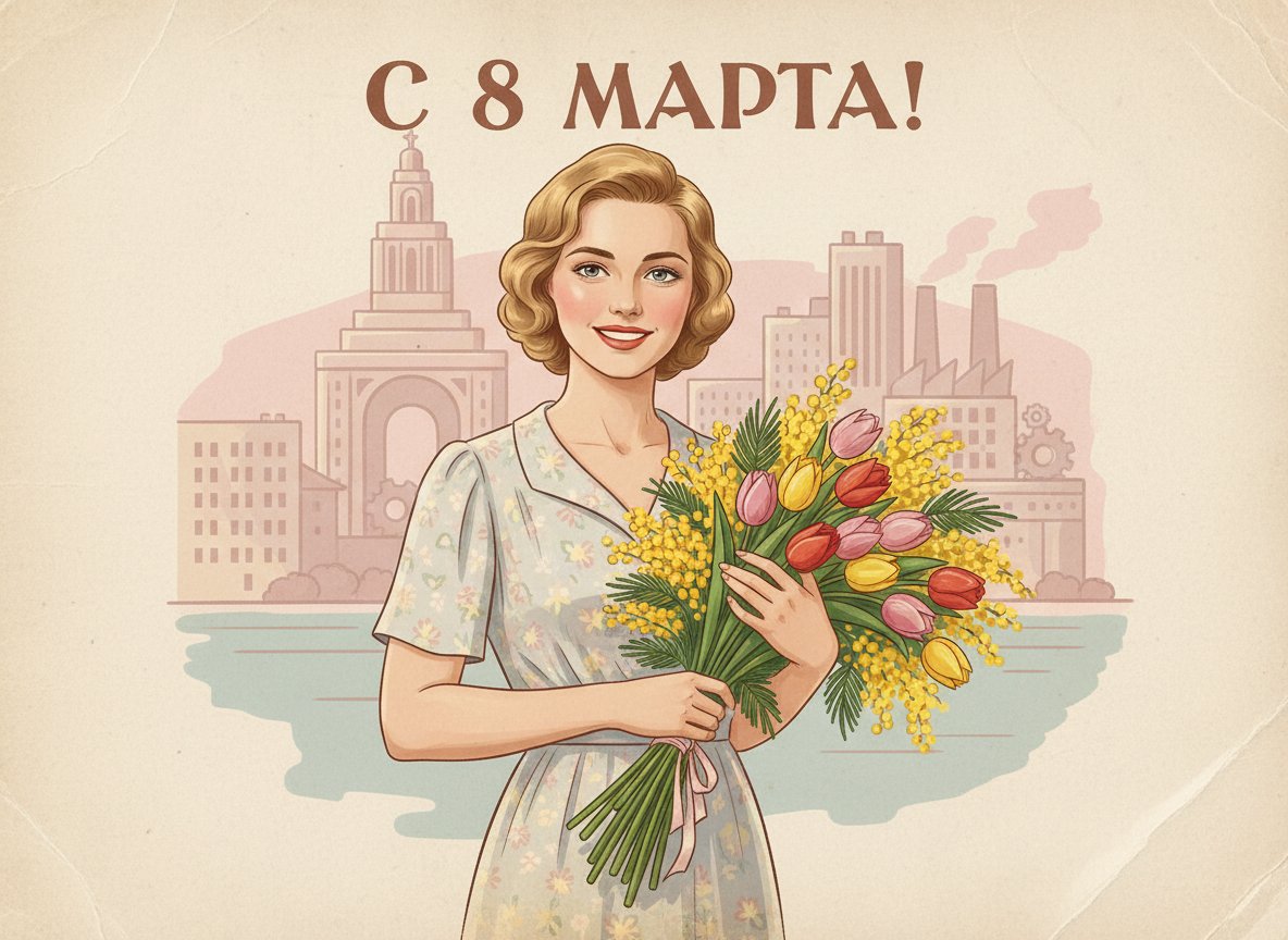 8 марта, советская открытка