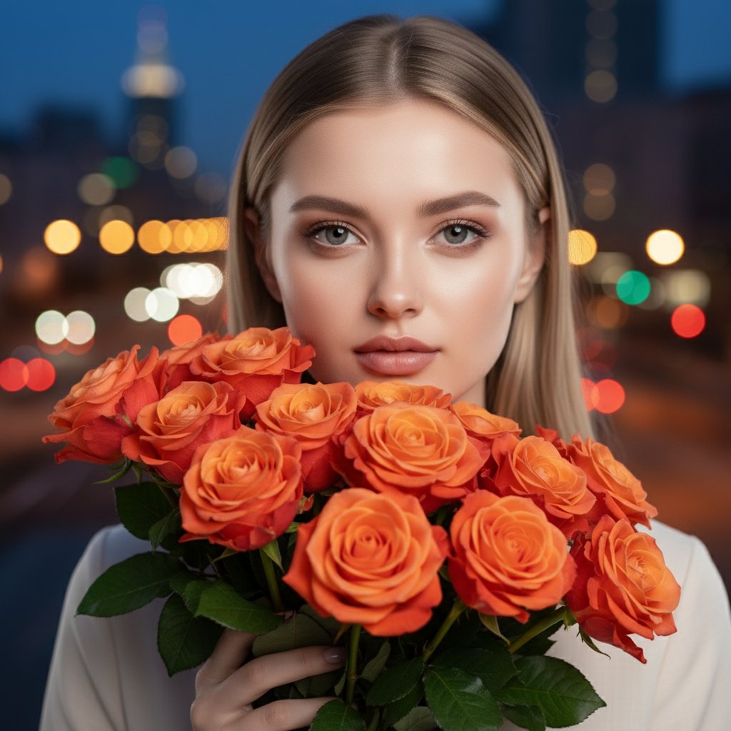 Девушка с оранжевыми розами