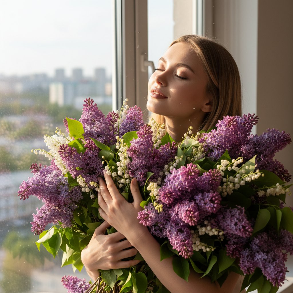 Женщина с букетом у окна