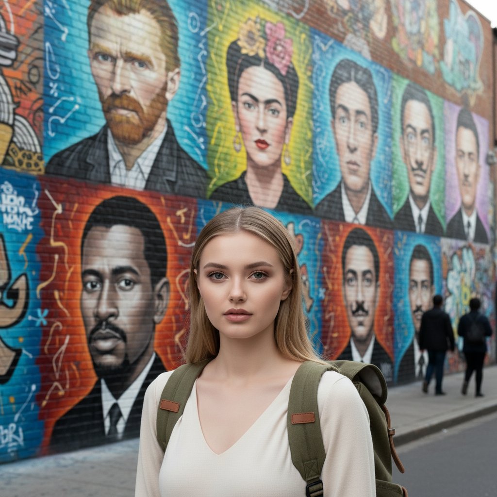 Девушка у граффити-стены