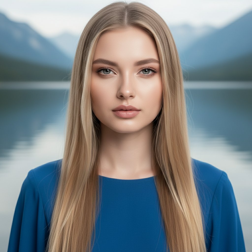 Женщина у озера в голубом
