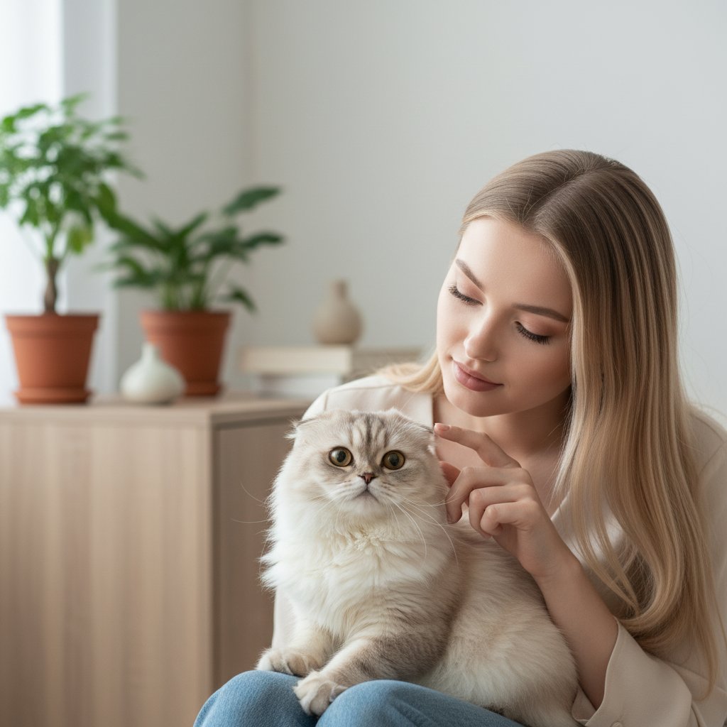Девушка и шотландский кот