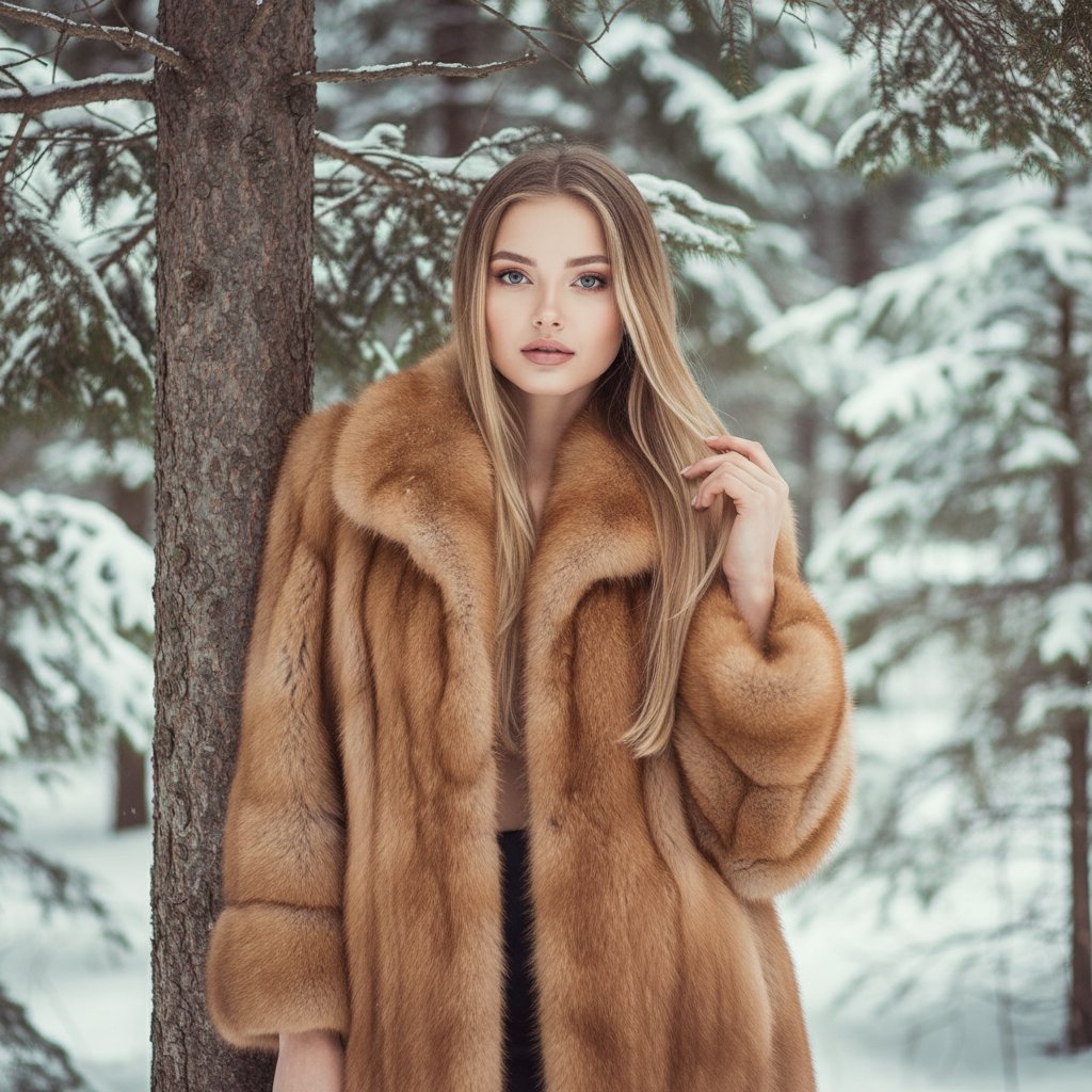 Женщина в соболиной шубе у елей