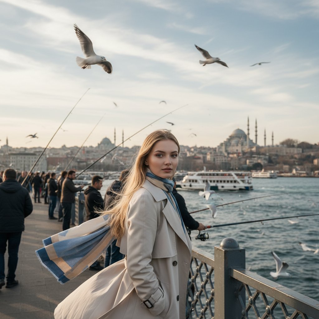Женщина на мосту в Стамбуле