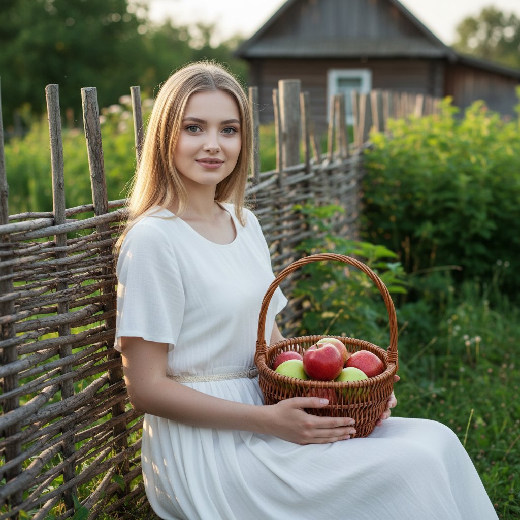 Девушка с яблоками у забора
